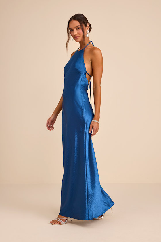 Magnificence Blue Satin Backless Halter Maxi Dress 4