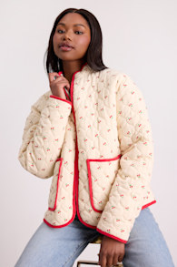 Bundled Perfection Cream Cherry Print Quilted Puffer Jacket 1