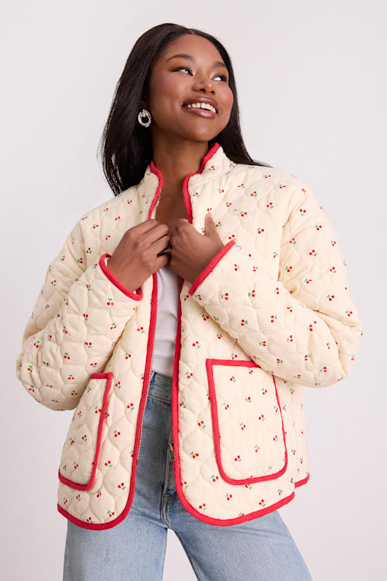 Bundled Perfection Cream Cherry Print Quilted Puffer Jacket 2