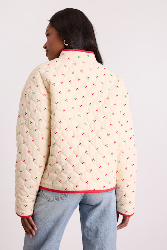Bundled Perfection Cream Cherry Print Quilted Puffer Jacket - thumbnail 3