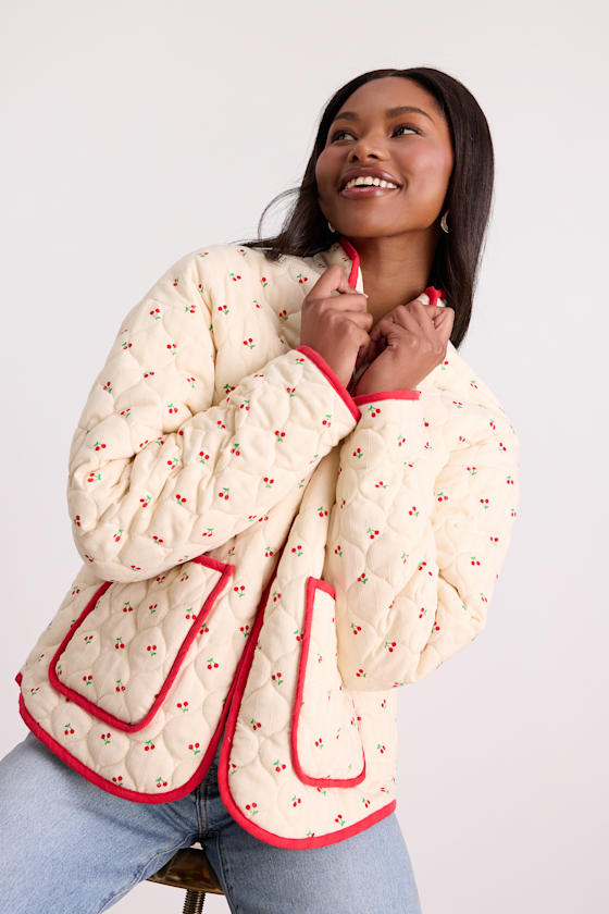 Bundled Perfection Cream Cherry Print Quilted Puffer Jacket - thumbnail 4