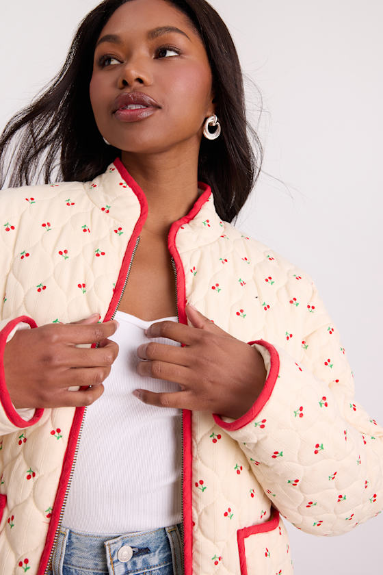 Bundled Perfection Cream Cherry Print Quilted Puffer Jacket - thumbnail 5