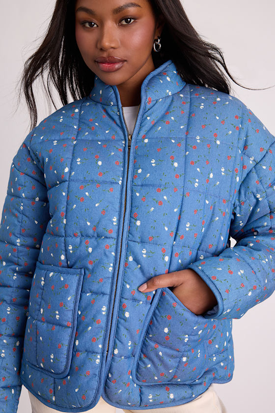 Bundled Perfection Bright Blue Floral Quilted Puffer Jacket 2