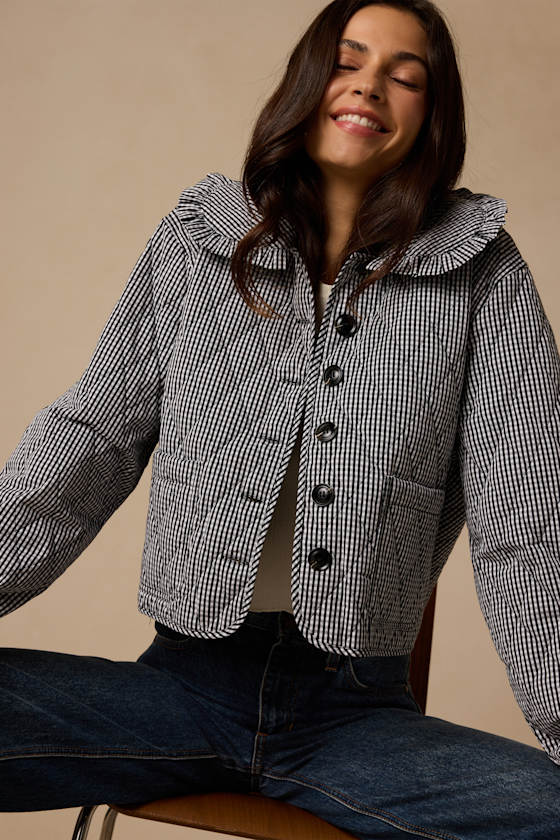 Ilona Black and White Gingham Quilted Collared Jacket 1
