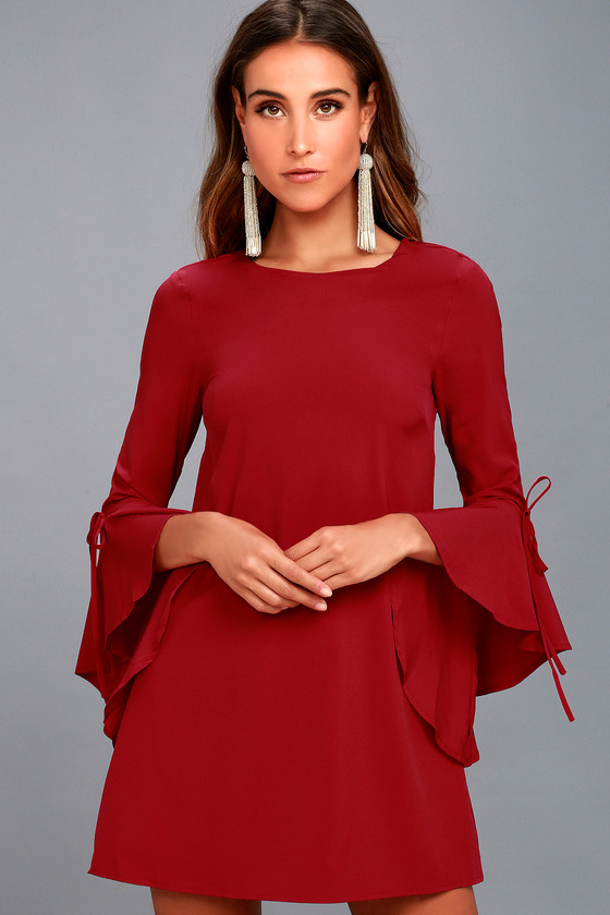 Chic Red Dress - Flounce Sleeve Dress - Shift Dress - Lulus