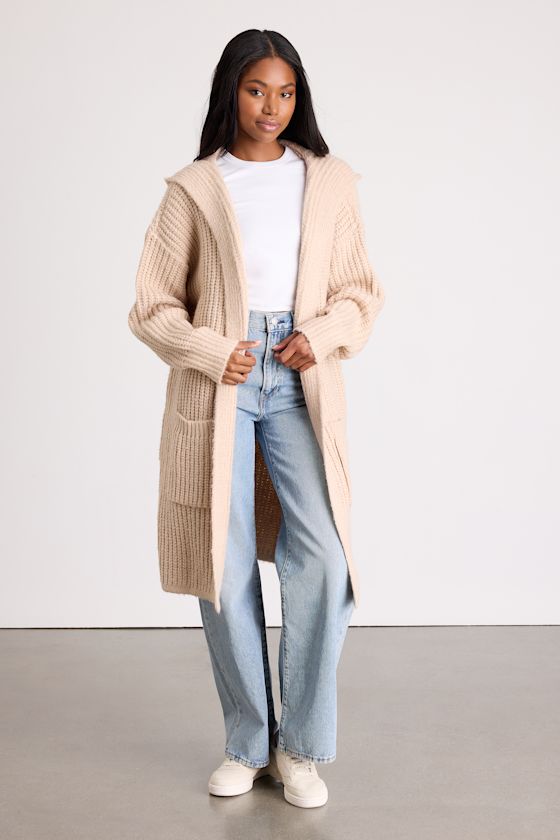 Beige Duster Cardigan - Hooded Cardigan - Open-Front Duster Cardi