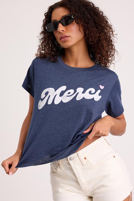 Chaser Merci Heather Blue Short Sleeve Graphic Tee