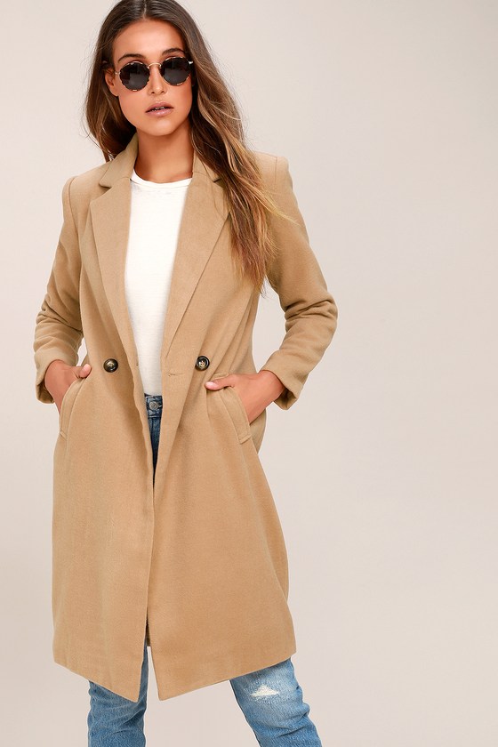 Tan Coat - Long Double-Breasted Coat 