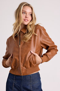 Kamaria Brown Vegan Leather Cropped Bomber Jacket 1