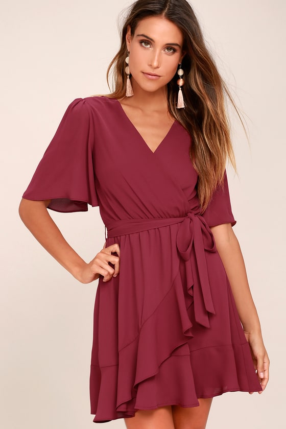 Cute Burgundy Dress - Ruffle Dress - Wrap Dress - Lulus