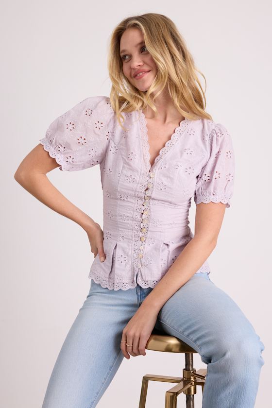 Lavender Eyelet Embroidered Top - Puff Sleeve Top - Peplum Top - Lulus