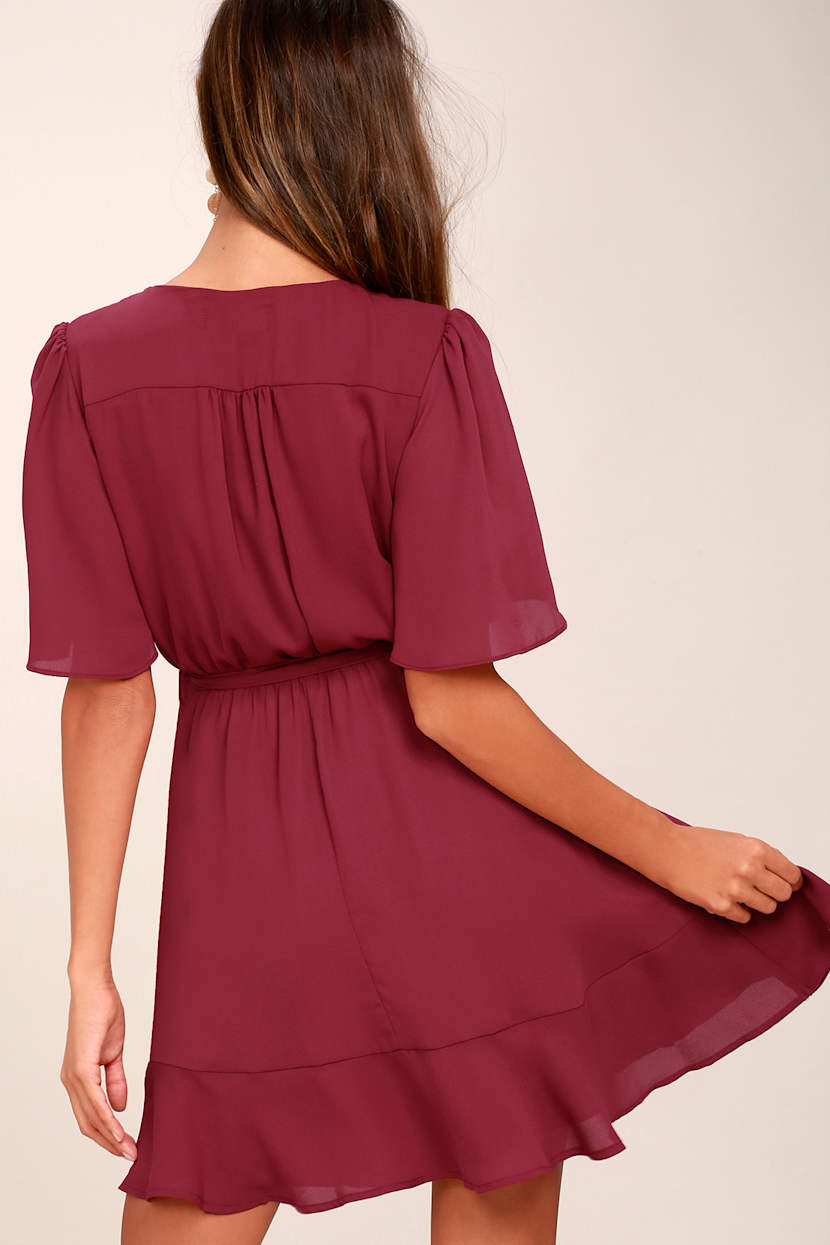 Cute Burgundy Dress - Ruffle Dress - Wrap Dress - Lulus