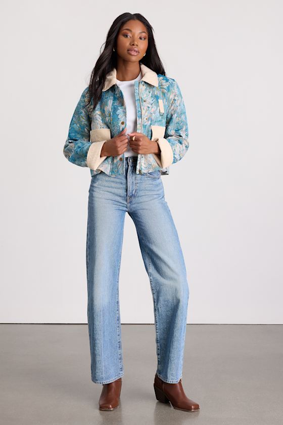 Teal Floral Jacquard Jacket - Collared Jacket - Cropped Jacket - Lulus