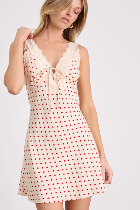 中華ロリィタ WalnutDeer PolkaDotStrawberry 3点 Cream Polka Dot Dress - Lace Mini Dress - Tie-Front Mini Dress - Lulus