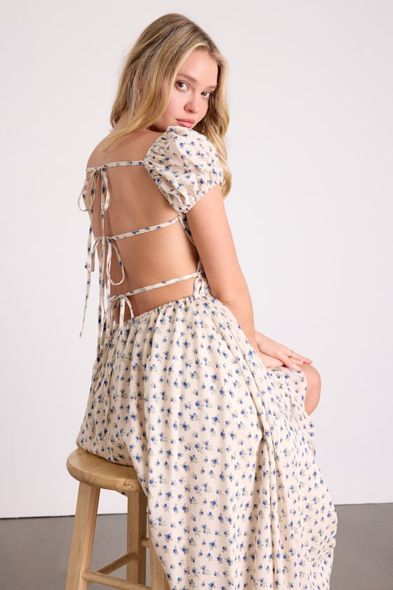 Ivory Ditsy Floral Dress - Tie-Back Maxi Dress - Floral Sundress