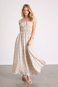 Wanda Ivory Ditsy Floral Tie-Back Puff Sleeve Maxi Dress 2