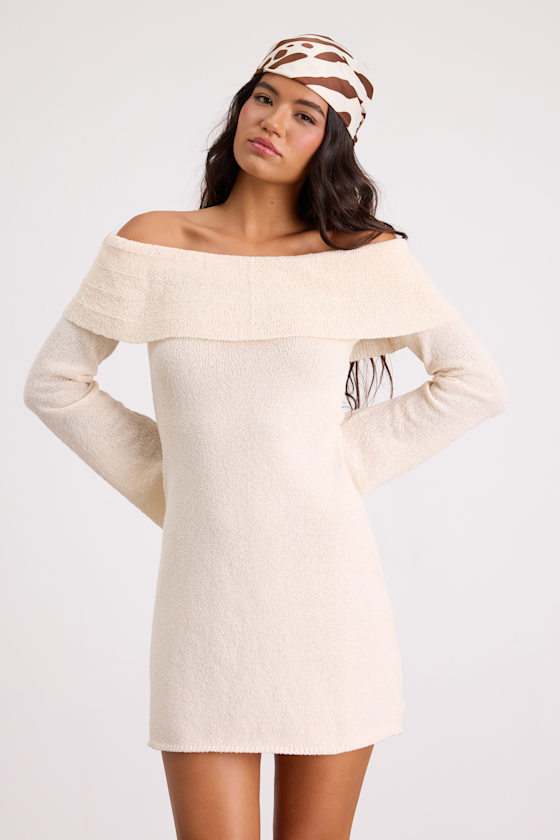 Pemryn Cream Off-the-Shoulder Mini Sweater Dress 1