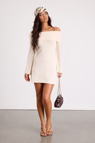 Pemryn Cream Off-the-Shoulder Mini Sweater Dress 3