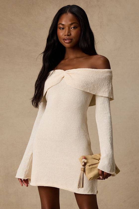 Image of Pemryn Cream Off-the-Shoulder Mini Sweater Dress