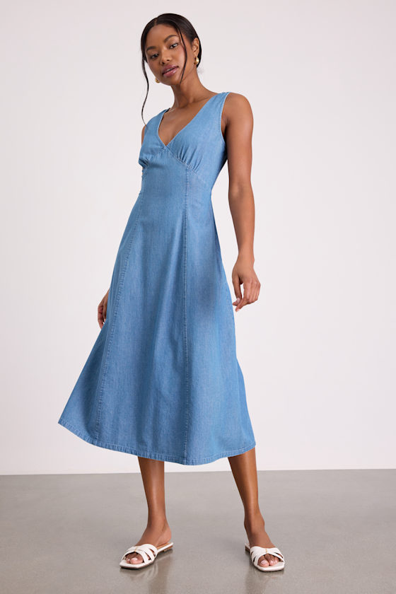 Medium Wash Denim Dress - Empire Waist Midi Dress - Denim Dress
