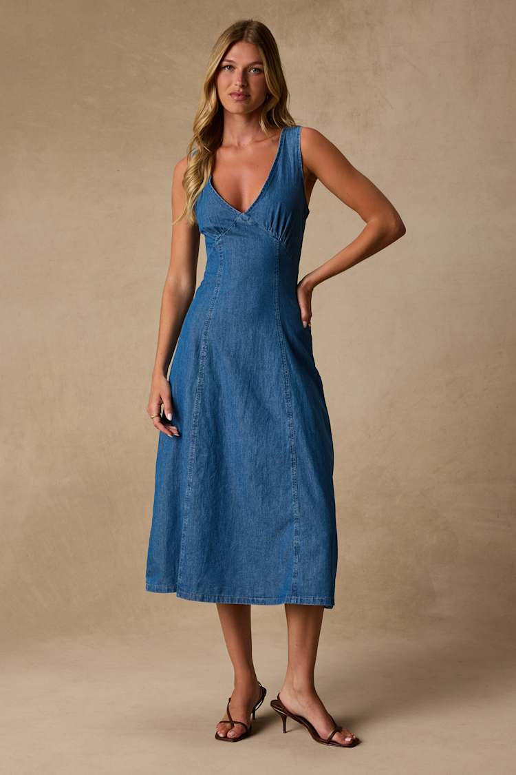 lulus empire waist dress Blue Miranda Medium Wash Denim Sleeveless Midi Dress | Womens | X-Large (Available in XS, S, M, L) | Cotton/Polyester