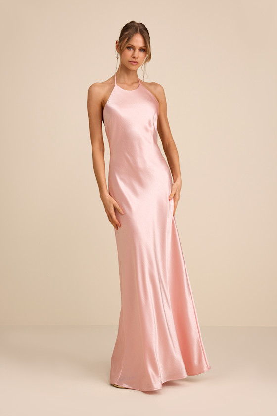 Magnificence Blush Pink Satin Backless Halter Maxi Dress - thumbnail 2