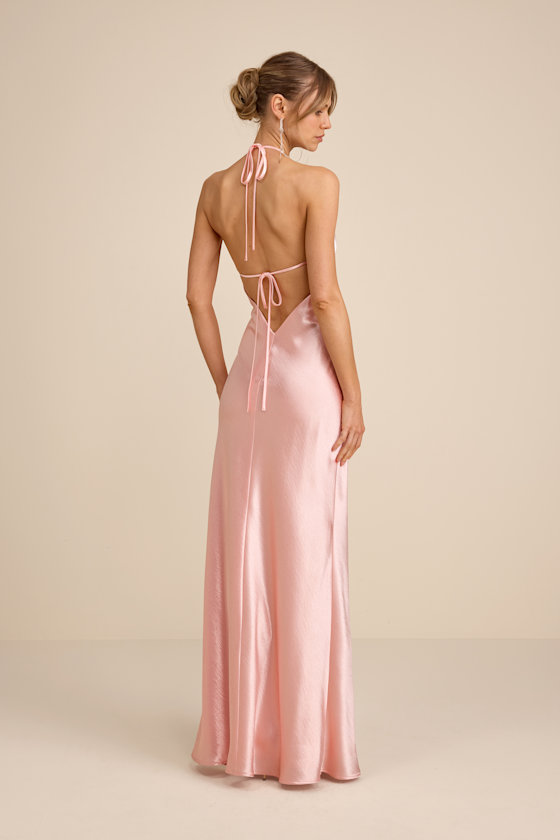 Magnificence Blush Pink Satin Backless Halter Maxi Dress - thumbnail 4