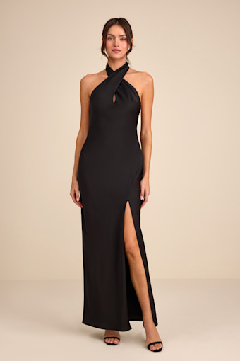 Daney Black Satin Cross-Front Halter Maxi Dress 1