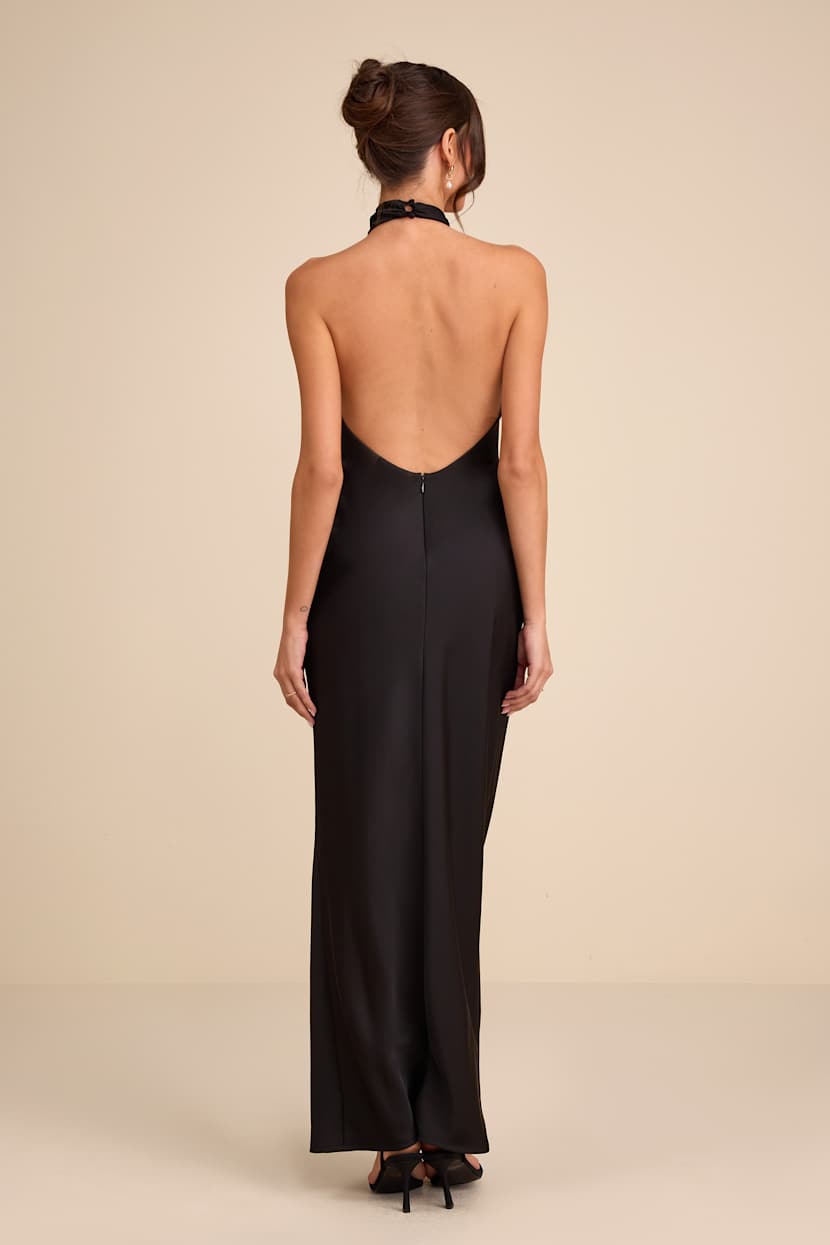 Black Satin Maxi - Backless Maxi Dress - Cross-Front Dress