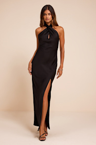 Daney Black Satin Cross-Front Halter Maxi Dress 2