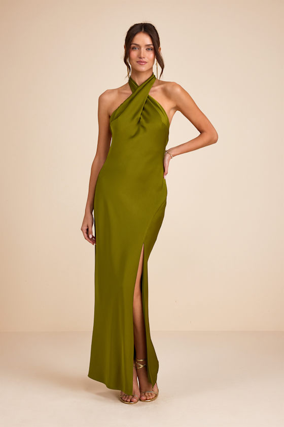 Image of Daney Olive Green Satin Cross-Front Halter Maxi Dress