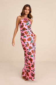 Malito Pink Rose Print Satin Lace-Up Maxi Dress 2