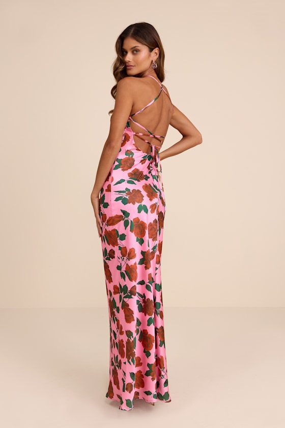 Pink Rose Print Gown - Satin Column Gown - Satin Lace-Up Gown - Image 3