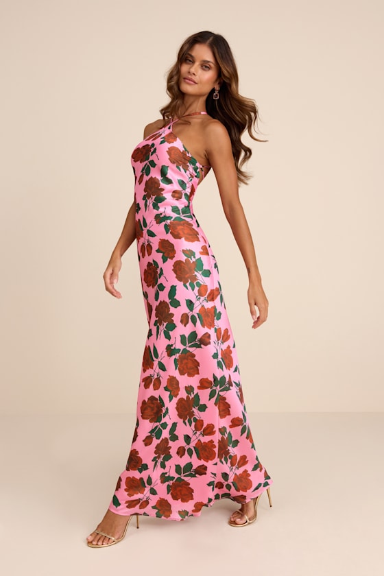Pink Rose Print Gown - Satin Column Gown - Satin Lace-Up Gown - Image 4