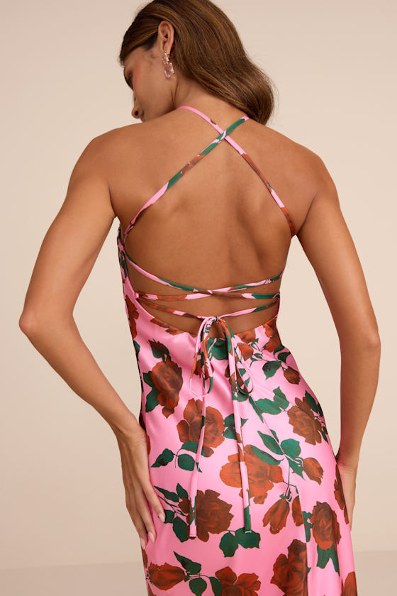 Pink Rose Print Gown - Satin Column Gown - Satin Lace-Up Gown - Image 5
