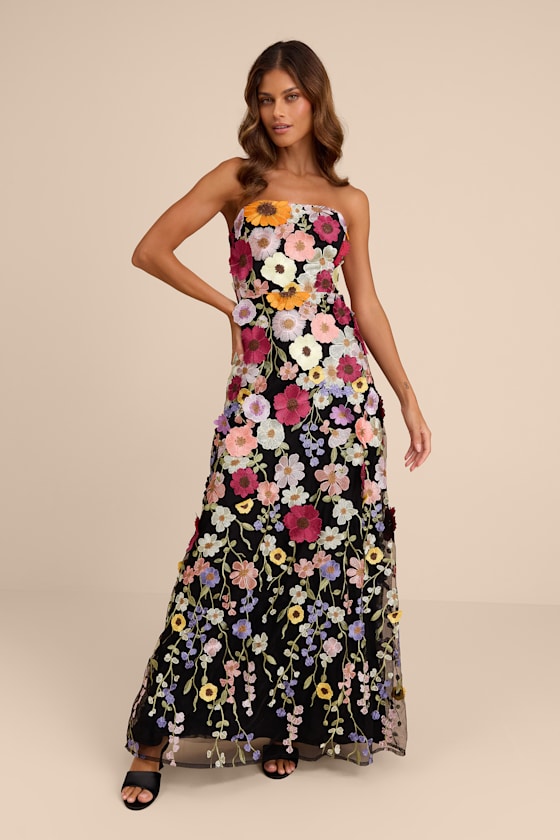 Black Tulle Maxi Dress - 3D Floral Dress - Strapless Maxi Dress