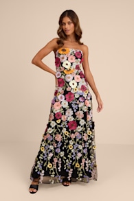 Rosario Black Multi 3D Floral Embroidered Maxi Dress 1