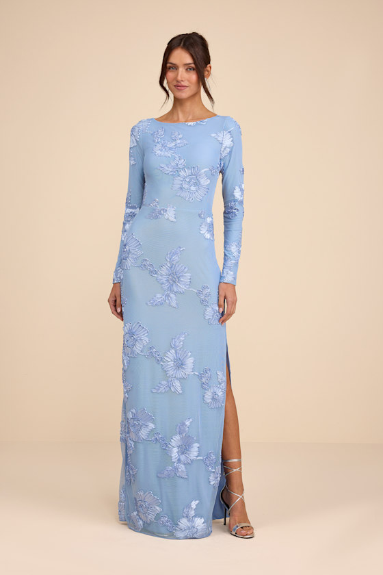 Josephine Light Blue Floral Applique Mesh Maxi Dress 2