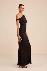 Oriella Black Asymmetrical Ruched Mermaid Maxi Dress 4