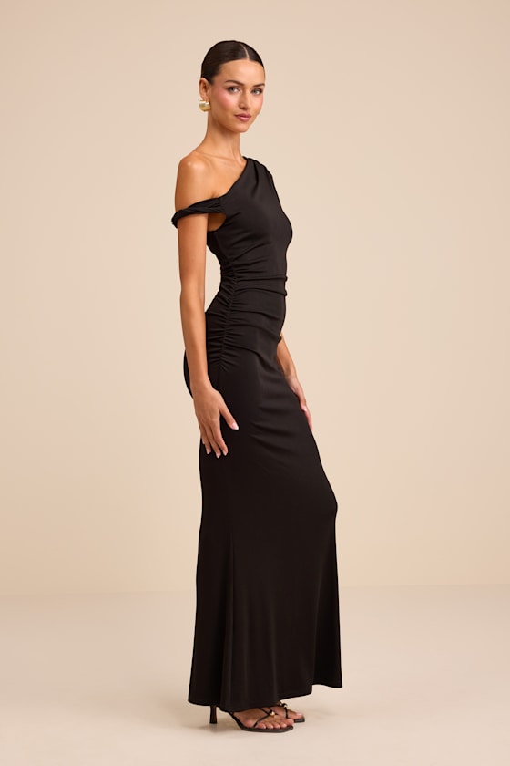 Oriella Black Asymmetrical Ruched Mermaid Maxi Dress 4