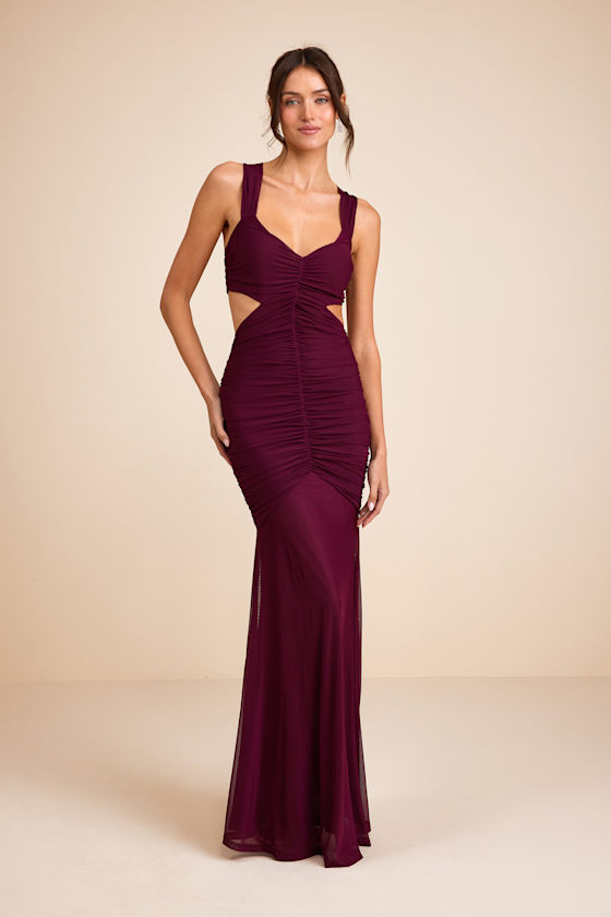 Prestige Plum Mesh Ruched Mermaid Maxi Dress - thumbnail 2