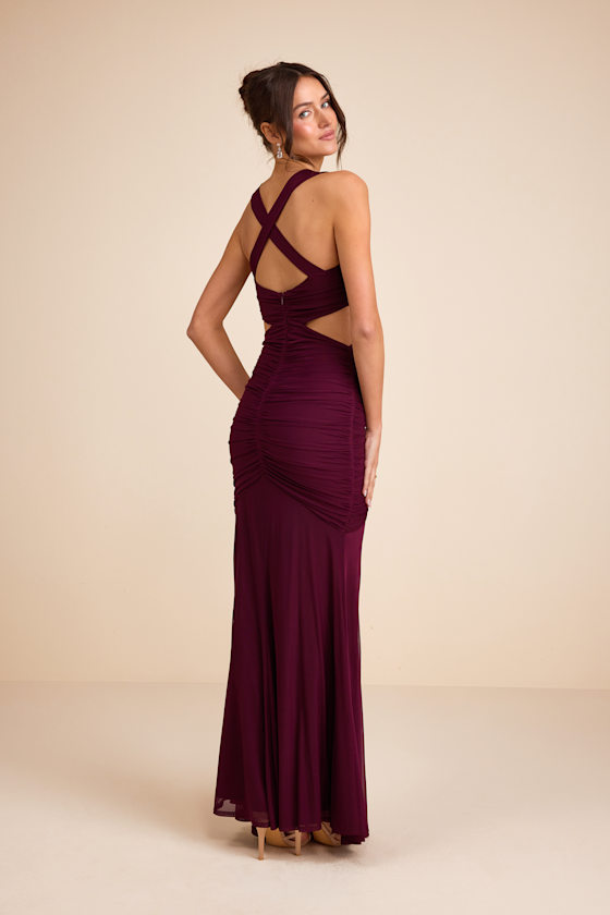 Prestige Plum Mesh Ruched Mermaid Maxi Dress - thumbnail 3