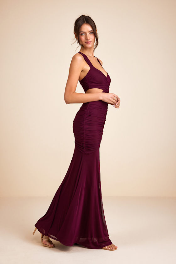 Prestige Plum Mesh Ruched Mermaid Maxi Dress - thumbnail 4