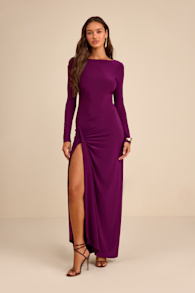 Dion Plum Purple Jersey Knit Long Sleeve Maxi Dress 1