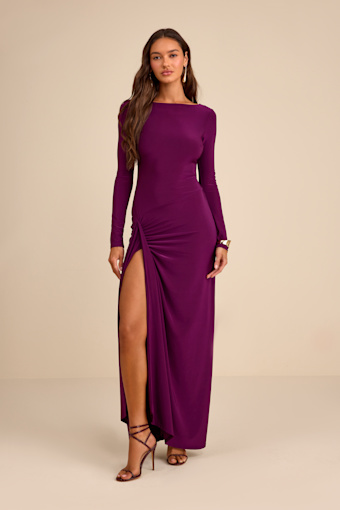 Dion Plum Purple Jersey Knit Long Sleeve Maxi Dress 1