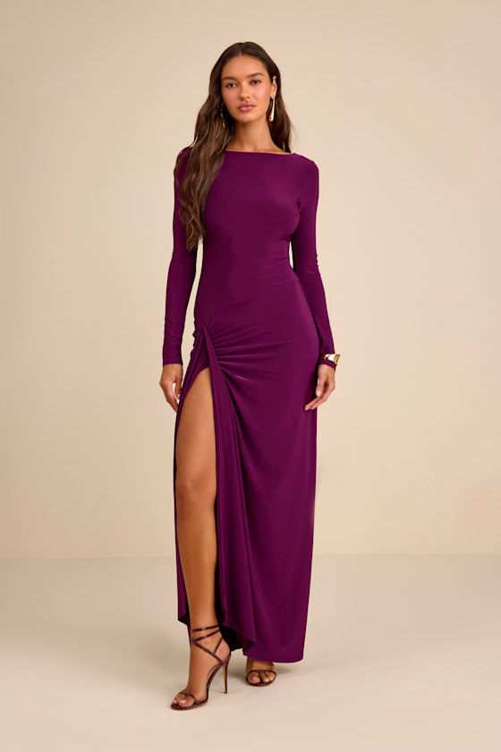 Dion Plum Purple Jersey Knit Long Sleeve Maxi Dress 1