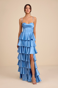 Arletta Light Blue Satin Bustier Tiered Maxi Dress 1