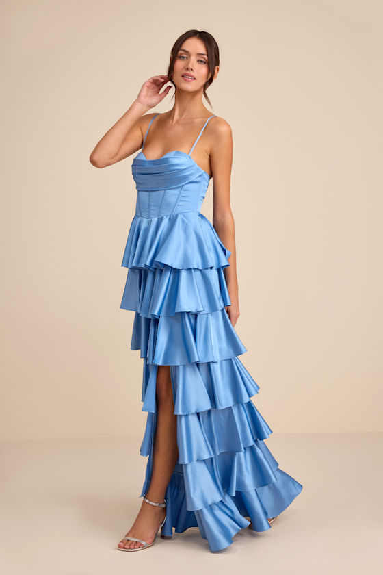 Arletta Light Blue Satin Bustier Tiered Maxi Dress 4