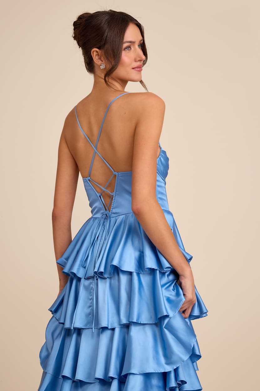 Light Blue Prom Dress - Blue Satin Dress - Tiered Prom Dress - Lulus Light Blue Prom Dress - Blue Satin Dress - Tiered Prom Dress - Lulus