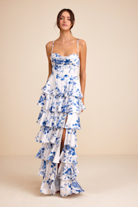 Arletta White and Blue Floral Satin Bustier Tiered Maxi Dress 1